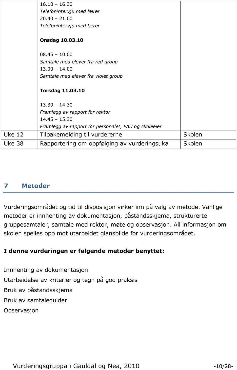 30 Framlegg av rapport for personalet, FAU og skoleeier Uke 12 Tilbakemelding til vurdererne Skolen Uke 38 Rapportering om oppfølging av vurderingsuka Skolen 7 Metoder Vurderingsområdet og tid til