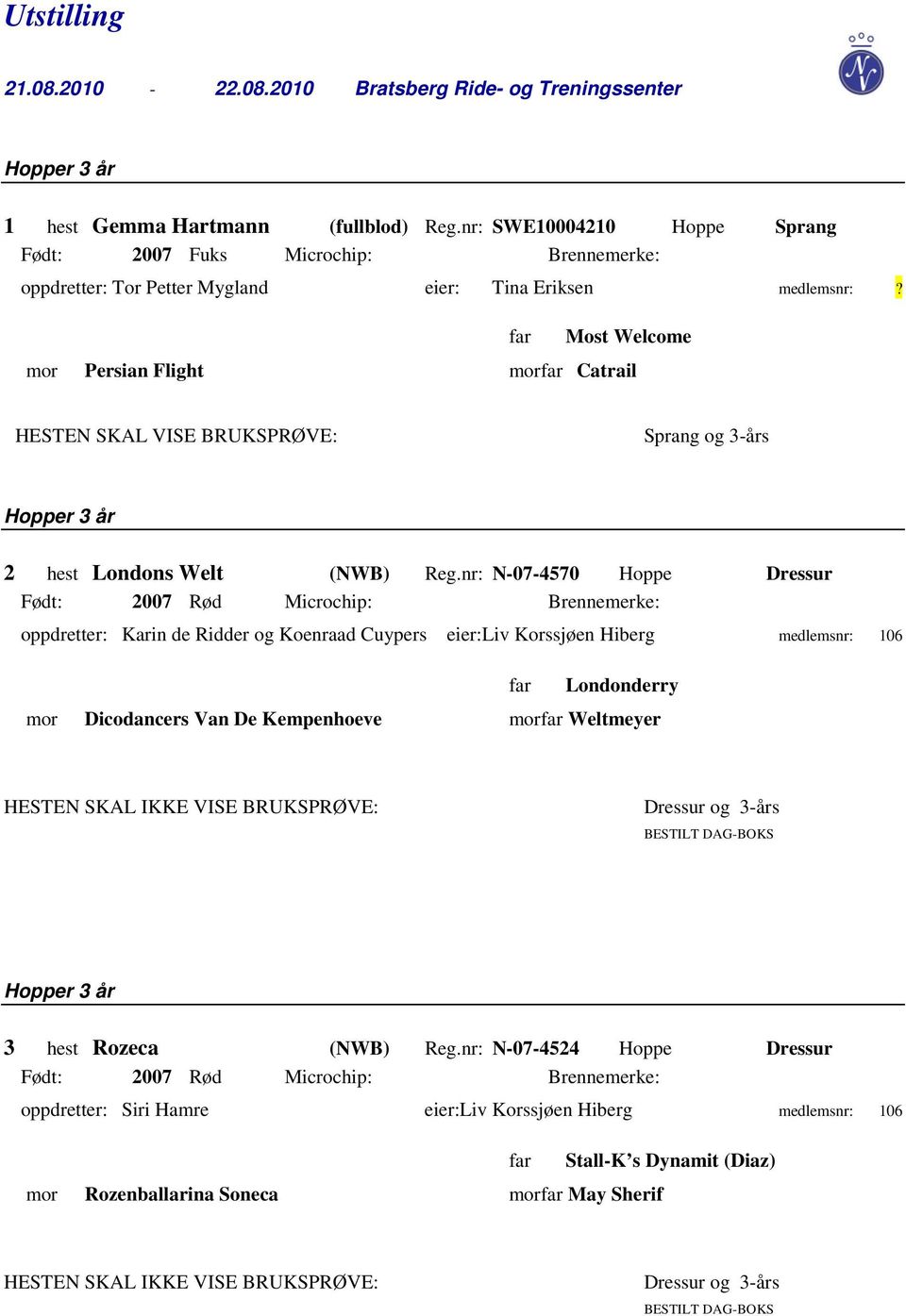 Most Welcome mor Persian Flight mor Catrail HESTEN SKAL VISE BRUKSPRØVE: Sprang og 3-års Hopper 3 år 2 hest Londons Welt (NWB) Reg.