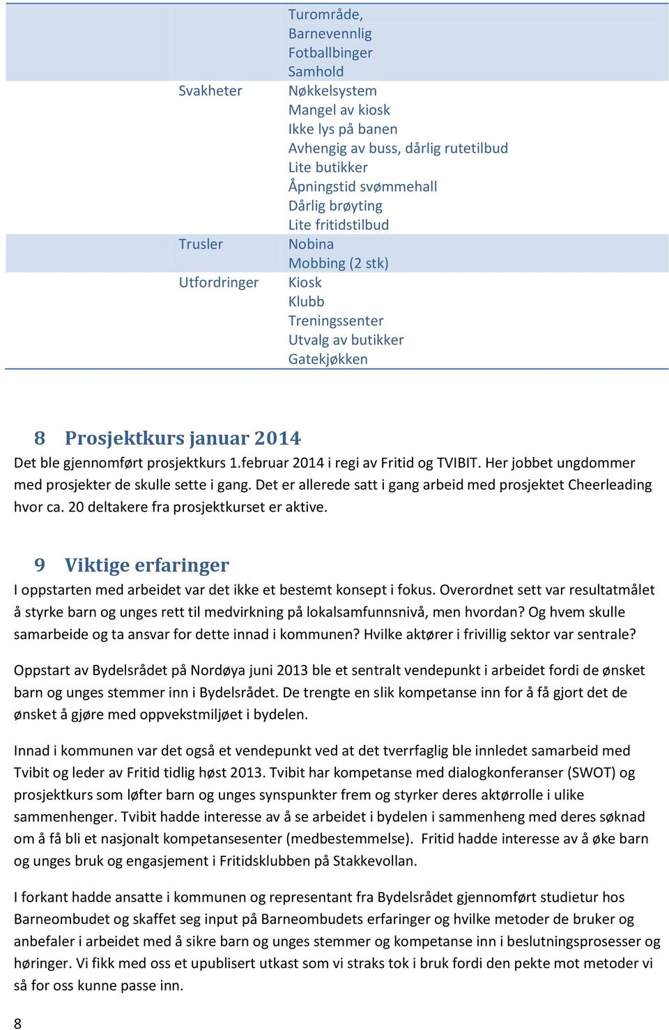 februar 2014 i regi av Fritid og TVIBIT. Her jobbet ungdommer med prosjekter de skulle sette i gang. Det er allerede satt i gang arbeid med prosjektet Cheerleading hvor ca.