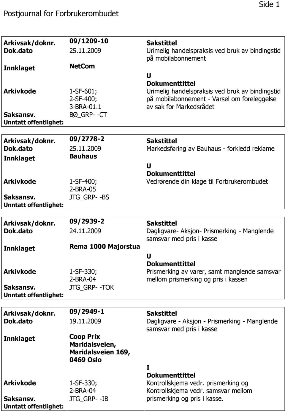 2009 Markedsføring av Bauhaus - forkledd reklame nnklaget Bauhaus 1-SF-400; 2-BRA-05 Vedrørende din klage til Forbrukerombudet JTG_GRP- -BS Arkivsak/doknr. 09/2939-2 Sakstittel Dok.dato 24.11.