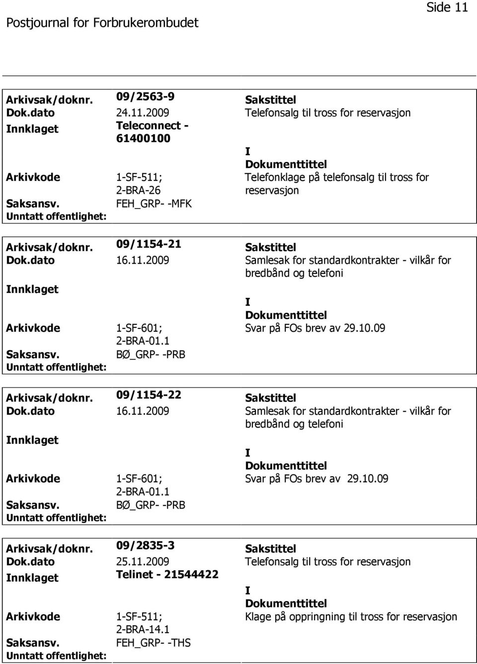 09/1154-22 Sakstittel Dok.dato 16.11.2009 Samlesak for standardkontrakter - vilkår for bredbånd og telefoni nnklaget 1-SF-601; 2-BRA-01.1 BØ_GRP- -PRB Svar på FOs brev av 29.10.09 Arkivsak/doknr.