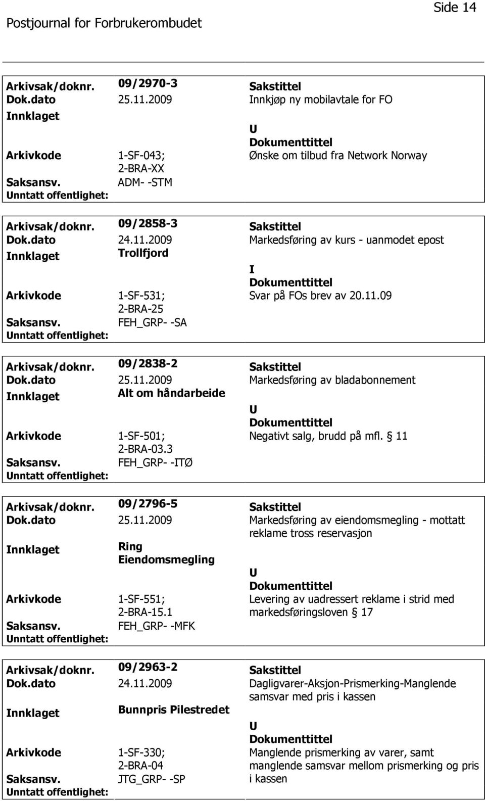 09/2838-2 Sakstittel Dok.dato 25.11.2009 Markedsføring av bladabonnement nnklaget Alt om håndarbeide 1-SF-501; 2-BRA-03.3 Negativt salg, brudd på mfl. 11 FEH_GRP- -TØ Arkivsak/doknr.