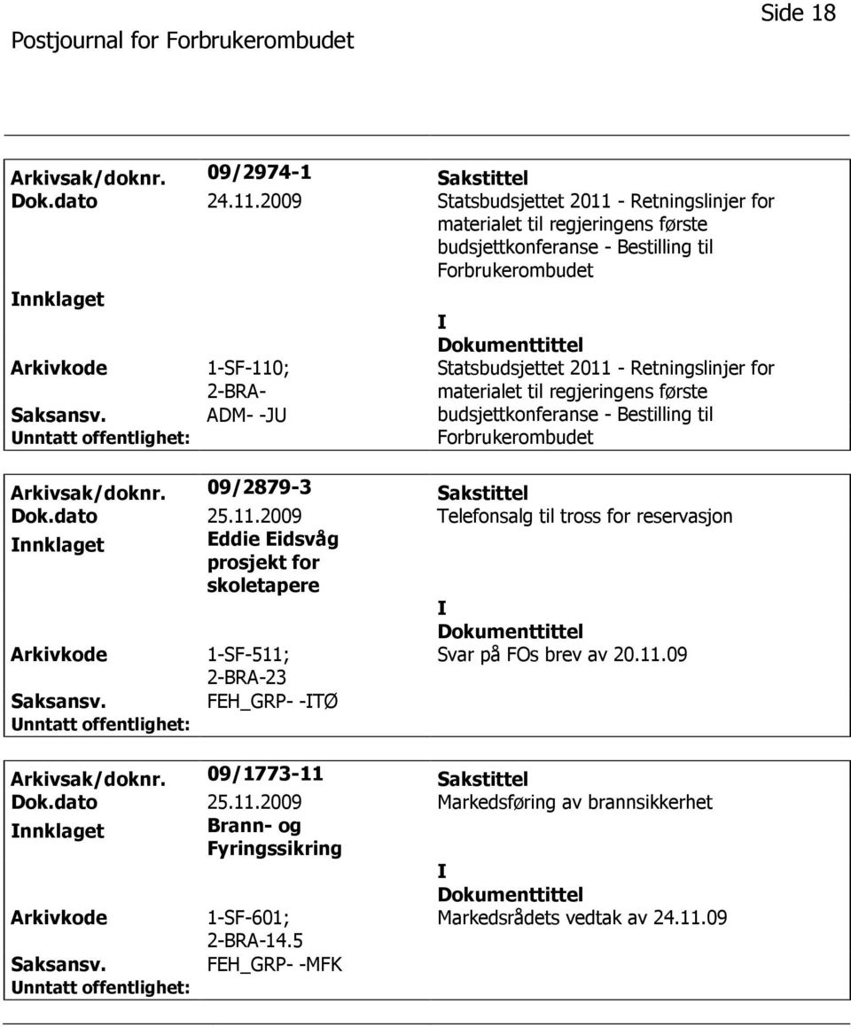 2011 - Retningslinjer for materialet til regjeringens første budsjettkonferanse - Bestilling til Forbrukerombudet Arkivsak/doknr. 09/2879-3 Sakstittel Dok.dato 25.11.2009 Telefonsalg til tross for reservasjon nnklaget Eddie Eidsvåg prosjekt for skoletapere 1-SF-511; 2-BRA-23 Svar på FOs brev av 20.