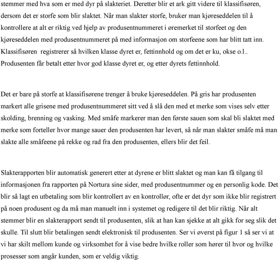 informasjon om storfeene som har blitt tatt inn. Klassifisøren registrerer så hvilken klasse dyret er, fettinnhold og om det er ku, okse o.l.. Produsenten får betalt etter hvor god klasse dyret er, og etter dyrets fettinnhold.