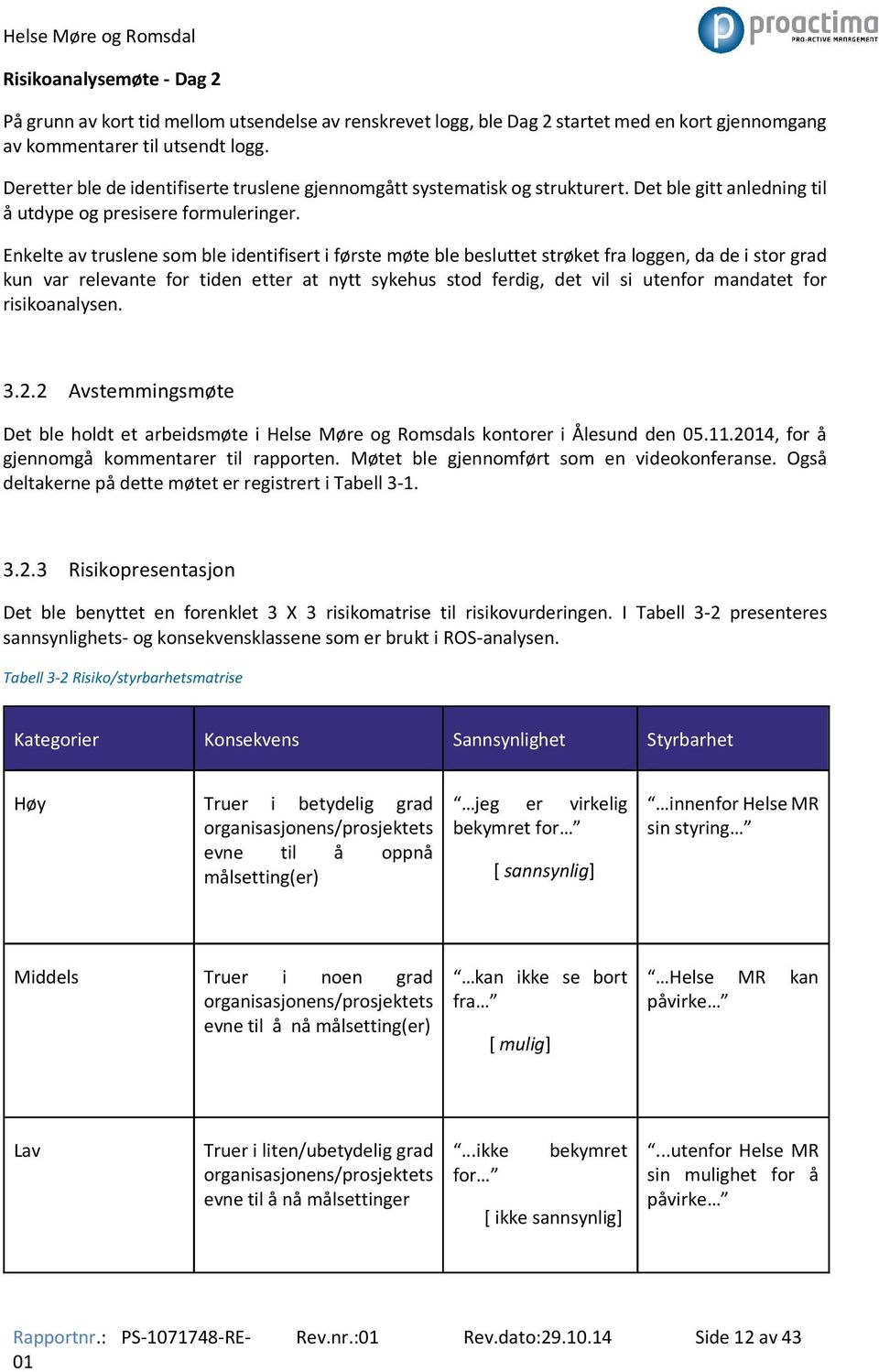 Enkelte av truslene som ble identifisert i første møte ble besluttet strøket fra loggen, da de i stor grad kun var relevante for tiden etter at nytt sykehus stod ferdig, det vil si utenfor mandatet