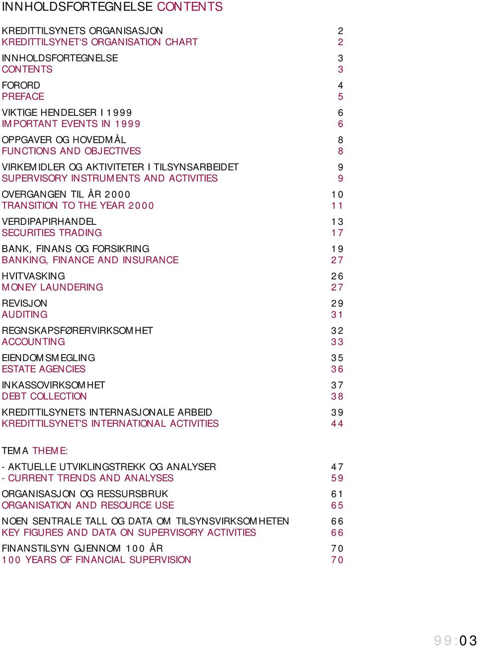 11 VERDIPAPIRHANDEL 13 SECURITIES TRADING 17 BANK, FINANS OG FORSIKRING 19 BANKING, FINANCE AND INSURANCE 27 HVITVASKING 26 MONEY LAUNDERING 27 REVISJON 29 AUDITING 31 REGNSKAPSFØRERVIRKSOMHET 32