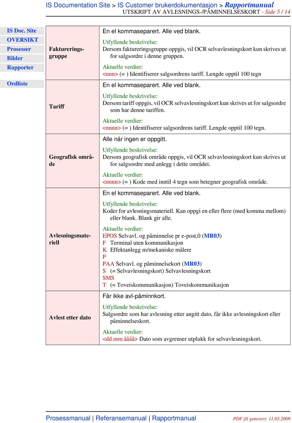 Alle ved blank. Dersom tariff oppgis, vil OCR selvavlesningskort kun skrives ut for salgsordre som har denne tariffen. <nnnn> (= ) Identifiserer salgsordrens tariff. Lengde opptil 100 tegn.