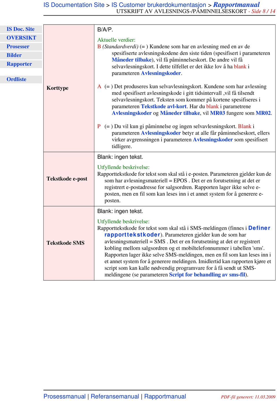 De andre vil få selvavlesningskort. I dette tilfellet er det ikke lov å ha blank i parameteren Avlesningskoder. A (= ) Det produseres kun selvavlesningskort.