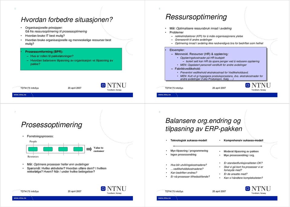 Mål: Optimalisere ressursbruk innad i avdeling Problemer nøkkelindiaktorer (KPI) for å måle organisasjonens ytelse Grensesnitt til andre avdelinger Optimering innad I avdeling ikke nødvendigvis bra