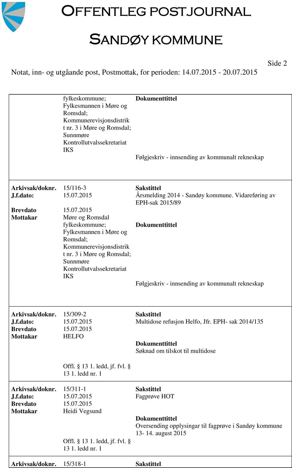 3 i Møre og Romsdal; Sunnmøre Kontrollutvalssekretariat IKS Følgjeskriv - innsending av kommunalt rekneskap Arkivsak/doknr. 15/309-2 Sakstittel J.f.dato: 15.07.2015 Multidose refusjon Helfo, Jfr.