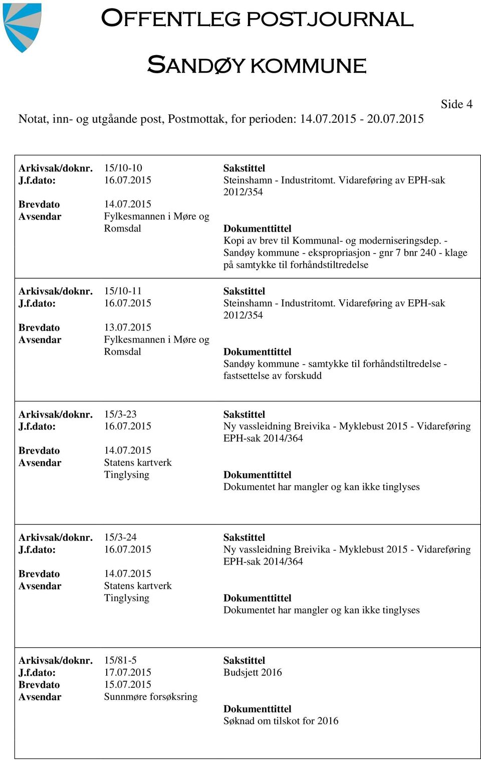 Vidareføring av EPH-sak 2012/354 Brevdato 13.07.2015 Romsdal Sandøy kommune - samtykke til forhåndstiltredelse - fastsettelse av forskudd Arkivsak/doknr. 15/3-23 Sakstittel J.f.dato: 16.07.2015 Ny vassleidning Breivika - Myklebust 2015 - Vidareføring Dokumentet har mangler og kan ikke tinglyses Arkivsak/doknr.