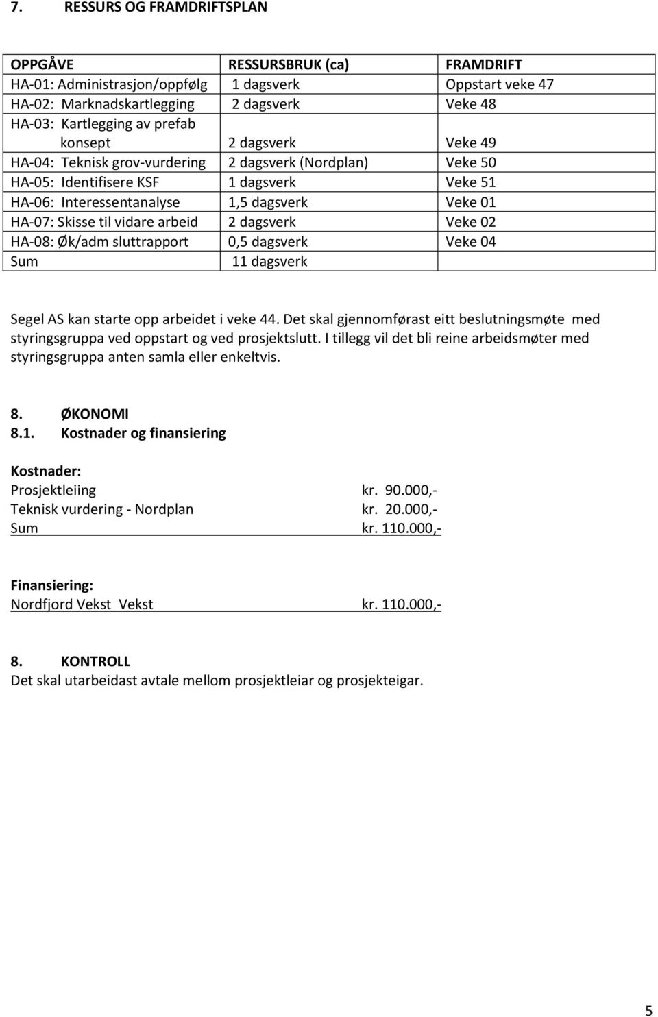 vidare arbeid 2 dagsverk Veke 02 HA-08: Øk/adm sluttrapport 0,5 dagsverk Veke 04 Sum 11 dagsverk Segel AS kan starte opp arbeidet i veke 44.