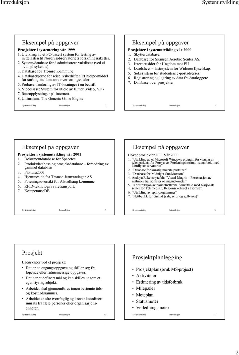 Et hjelpe-middel for små og mellomstore overnattingssteder. 5. Probase: Innføring av IT-løsninger i en bedrift. 6. VideoBase: System for utleie av filmer (video, VD) 7. Ruteopplysninger på internett.