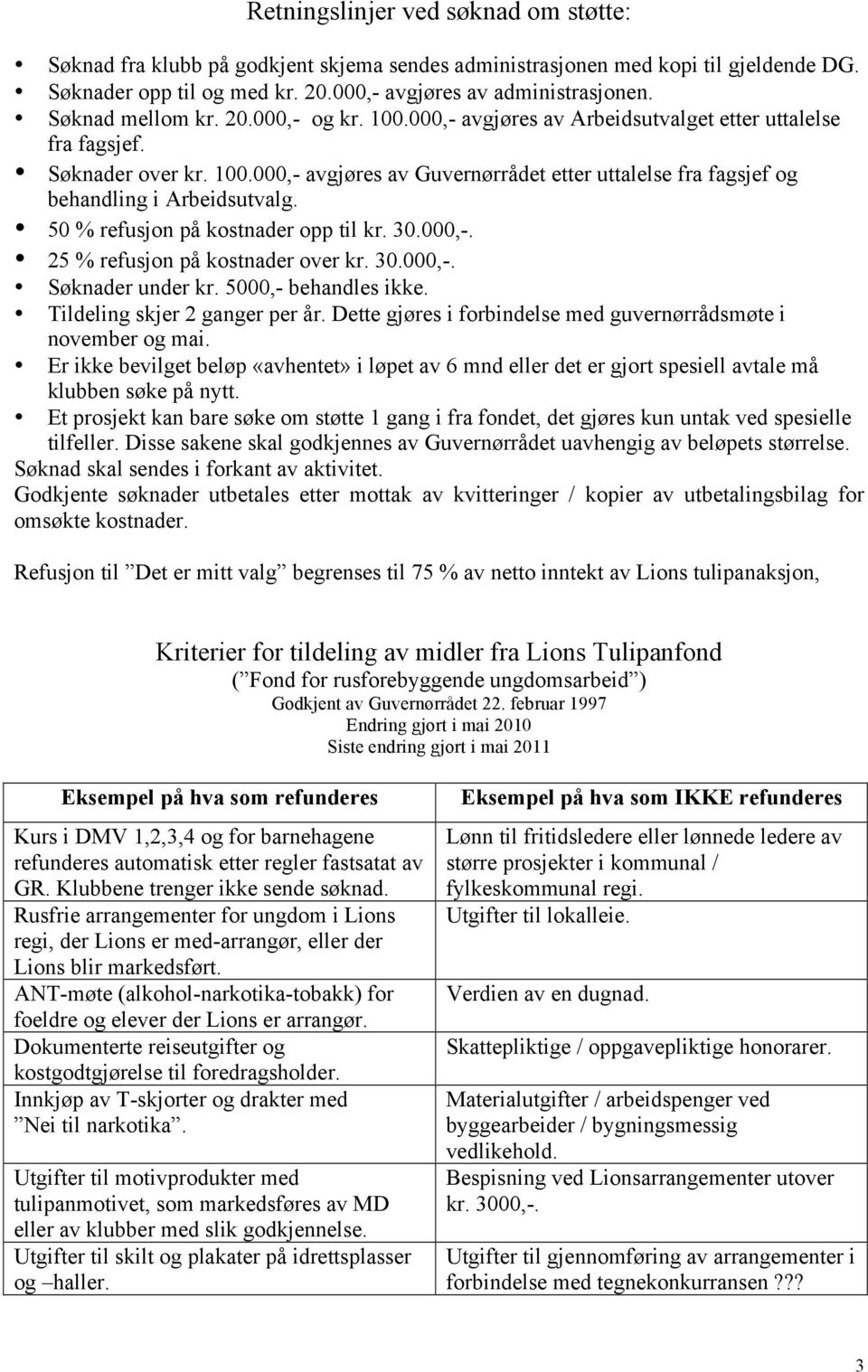 50 % refusjon på kostnader opp til kr. 30.000,-. 25 % refusjon på kostnader over kr. 30.000,-. Tildeling skjer 2 ganger per år. Dette gjøres i forbindelse med guvernørrådsmøte i november og mai.