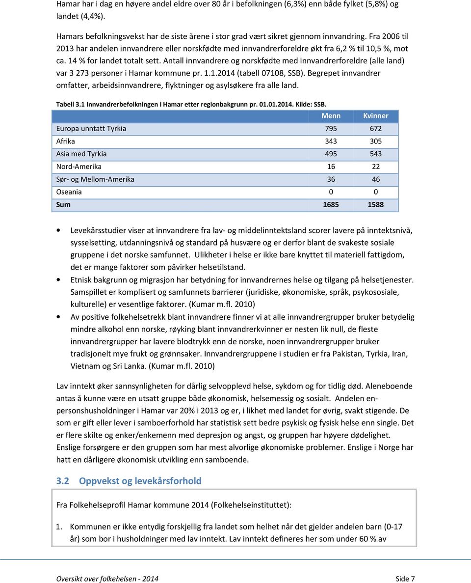 Antall innvandrere og norskfødte med innvandrerforeldre (alle land) var 3 273 personer i Hamar kommune pr. 1.1.2014 (tabell 07108, SSB).