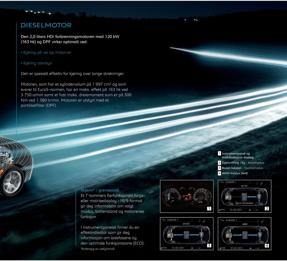 dreiemoment som er på 300 Nm ved 1 580 tr/min. Motoren er utstyrt med et partikkelfilter (DPF). 1. 1 Instrumentpanel og multifunksjons display 2. 2 Gjenvinning i by - Automodus 3.