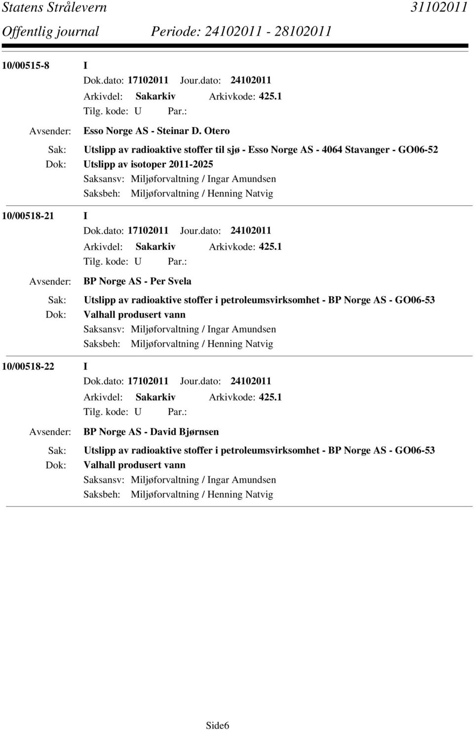 Natvig 10/00518-21 I Dok.dato: 17102011 Jour.dato: 24102011 Arkivdel: Sakarkiv Arkivkode: 425.