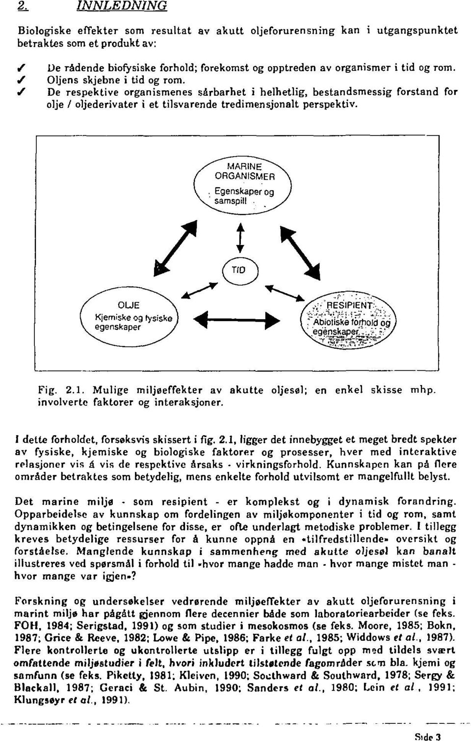 Mulige miljøeffekter av akutte oljesøl; en enkel skisse mhp. involverte faktorer og interaksjoner. I dette forholdet, forsøksvis skissert i fig. 2.