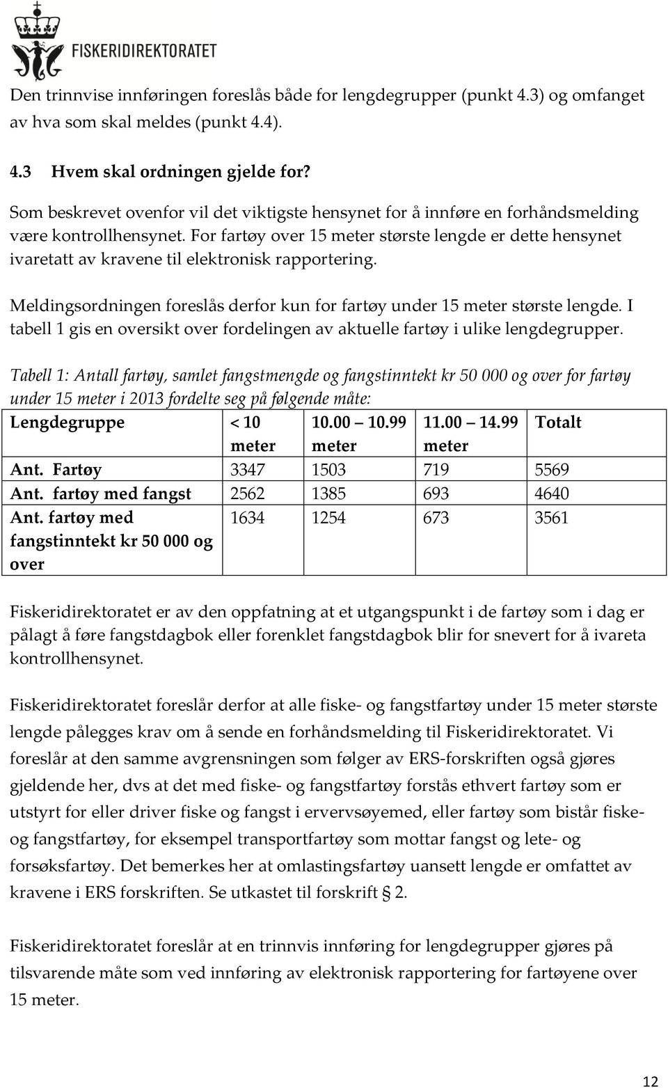 For fartøy over 15 meter største lengde er dette hensynet ivaretatt av kravene til elektronisk rapportering. Meldingsordningen foreslås derfor kun for fartøy under 15 meter største lengde.