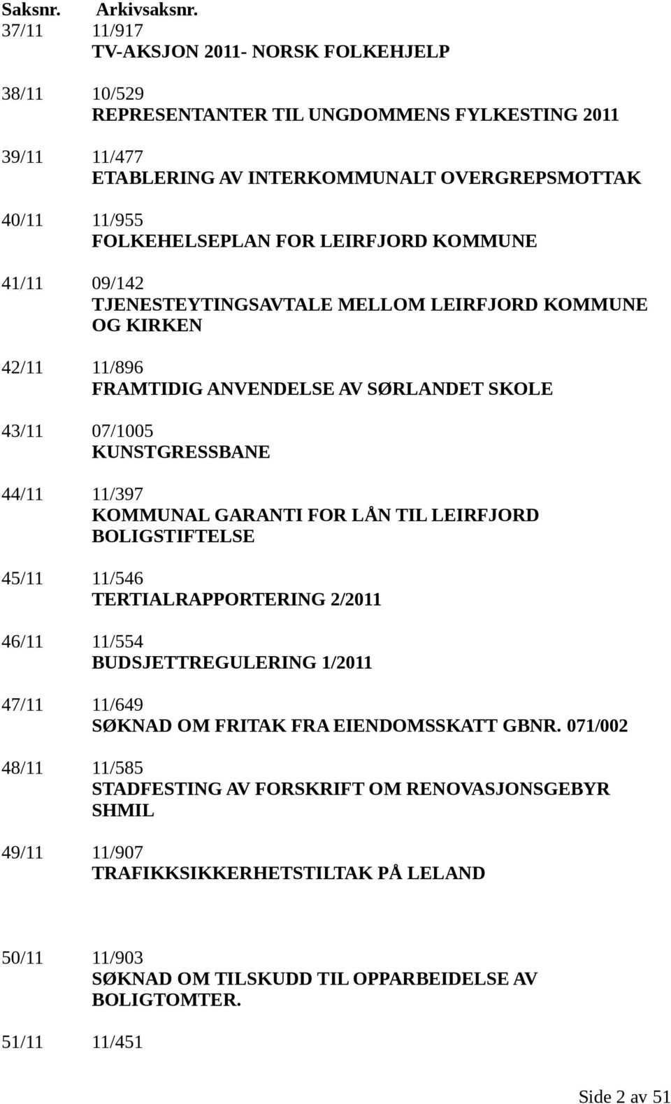 LEIRFJORD KOMMUNE 41/11 09/142 TJENESTEYTINGSAVTALE MELLOM LEIRFJORD KOMMUNE OG KIRKEN 42/11 11/896 FRAMTIDIG ANVENDELSE AV SØRLANDET SKOLE 43/11 07/1005 KUNSTGRESSBANE 44/11 11/397 KOMMUNAL GARANTI