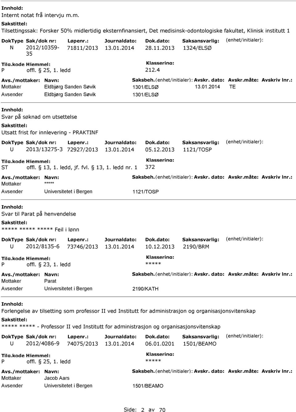 : Mottaker Eldbjørg Sanden Søvik 1301/ELSØ TE Eldbjørg Sanden Søvik 1301/ELSØ Svar på søknad om utsettelse tsatt frist for innlevering - RAKTF 2013/13275-3 72927/2013 05.12.2013 1121/TOS ST 372 Avs.