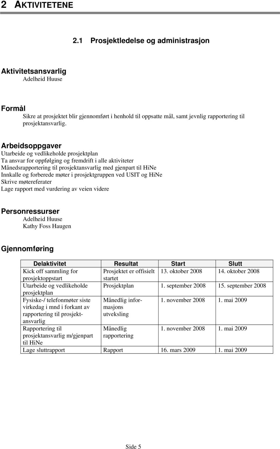 møter i prosjektgruppen ved USIT og HiNe Skrive møtereferater Lage rapport med vurdering av veien videre Kathy Foss Haugen Gjennomføring Delaktivitet Resultat Start Slutt Kick off sammling for