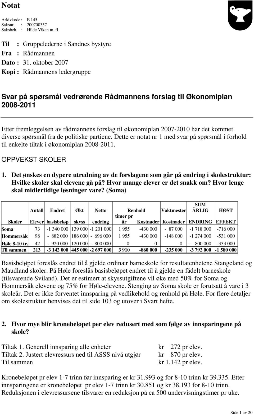 diverse spørsmål fra de politiske partiene. Dette er notat nr 1 med svar på spørsmål i forhold til enkelte tiltak i økonomiplan 2008-2011. OPPVEKST SKOLER 1.