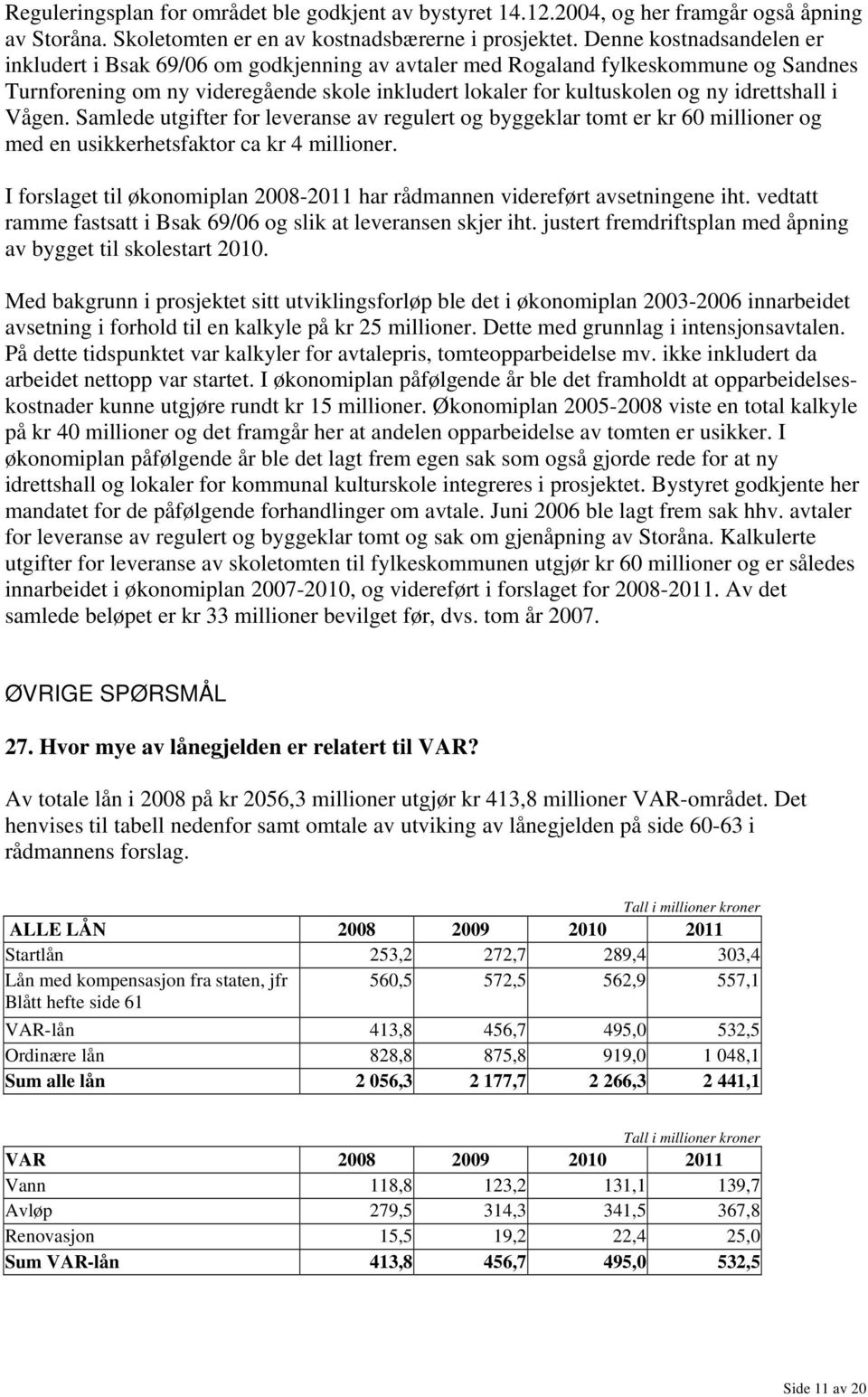 idrettshall i Vågen. Samlede utgifter for leveranse av regulert og byggeklar tomt er kr 60 millioner og med en usikkerhetsfaktor ca kr 4 millioner.