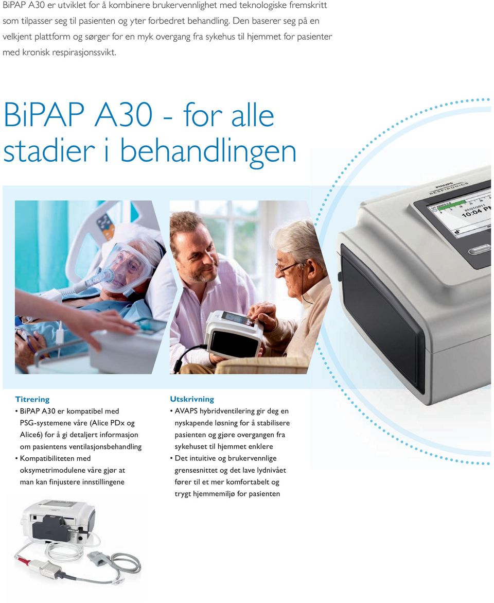BiPAP A30 - for alle stadier i behandlingen Titrering BiPAP A30 er kompatibel med PSG-systemene våre (Alice PDx og Alice6) for å gi detaljert informasjon om pasientens ventilasjonsbehandling