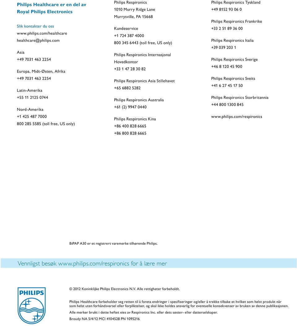 Ridge Lane Murrysville, PA 15668 Kundeservice +1 724 387 4000 800 345 6443 (toll free, US only) Philips Respironics Internasjonal Hovedkontor +33 1 47 28 30 82 Philips Respironics Asia Stillehavet