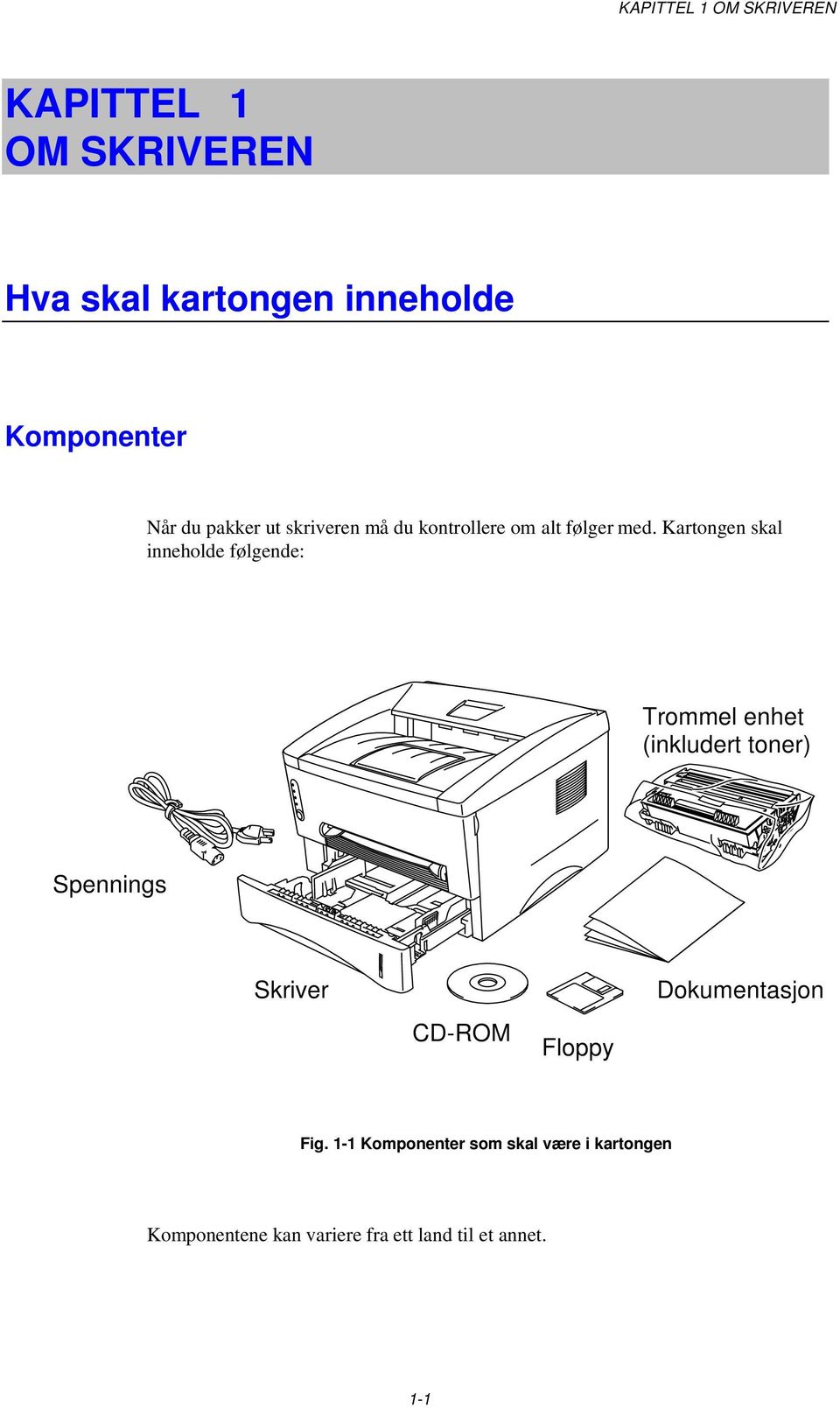 Kartongen skal inneholde følgende: Trommel enhet (inkludert toner) Spennings Skriver CD-ROM