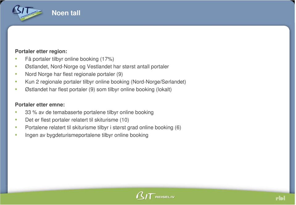 portaler (9) som tilbyr online booking () Portaler etter emne: % av de temabaserte portalene tilbyr online booking Det er flest portaler