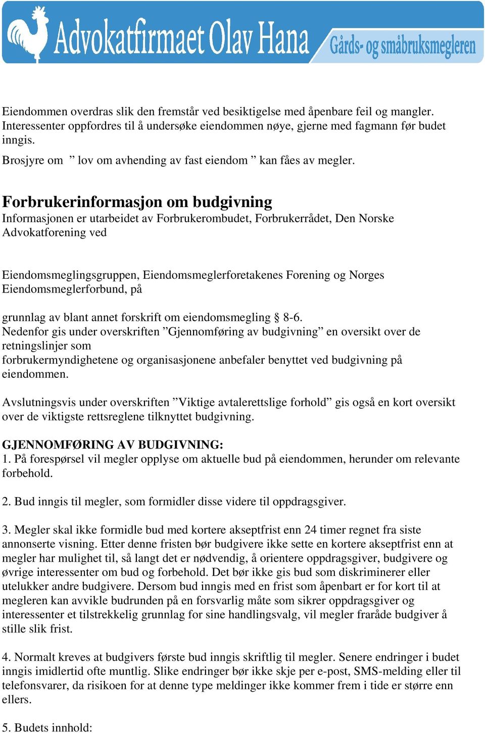 Forbrukerinformasjon om budgivning Informasjonen er utarbeidet av Forbrukerombudet, Forbrukerrådet, Den Norske Advokatforening ved Eiendomsmeglingsgruppen, Eiendomsmeglerforetakenes Forening og