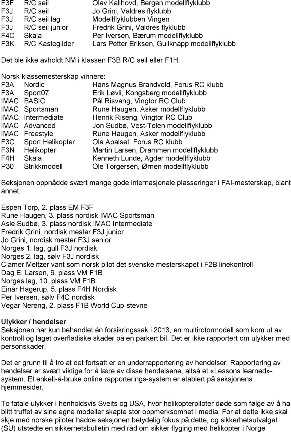 Norsk klassemesterskap vinnere: F3A Nordic Hans Magnus Brandvold, Forus RC klubb F3A Sport07 Erik Løvli, Kongsberg modellflyklubb IMAC BASIC Pål Risvang, Vingtor RC Club IMAC Sportsman Rune Haugen,