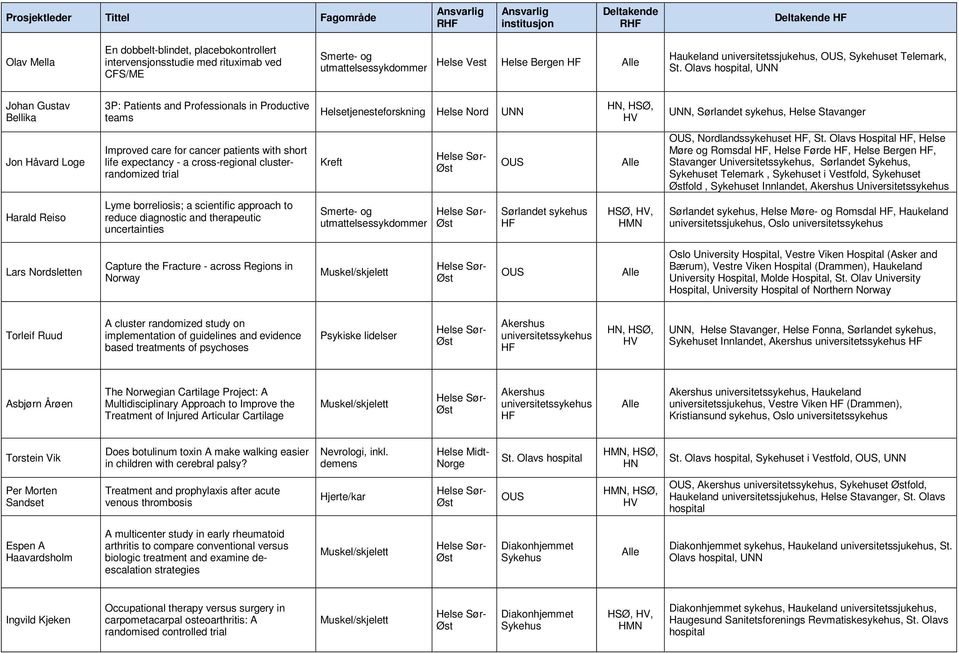 Olavs hospital, UNN Johan Gustav Bellika 3P: Patients and Professionals in Productive teams Helsetjenesteforskning Helse Nord UNN HN, HSØ, HV UNN, Sørlandet sykehus, Helse Stavanger Jon Håvard Loge