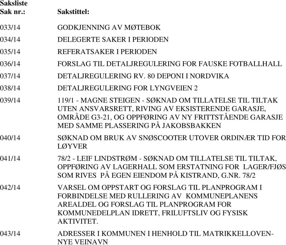 80 DEPONI I NORDVIKA 038/14 DETALJREGULERING FOR LYNGVEIEN 2 039/14 119/1 - MAGNE STEIGEN - SØKNAD OM TILLATELSE TIL TILTAK UTEN ANSVARSRETT, RIVING AV EKSISTERENDE GARASJE, OMRÅDE G3-21, OG