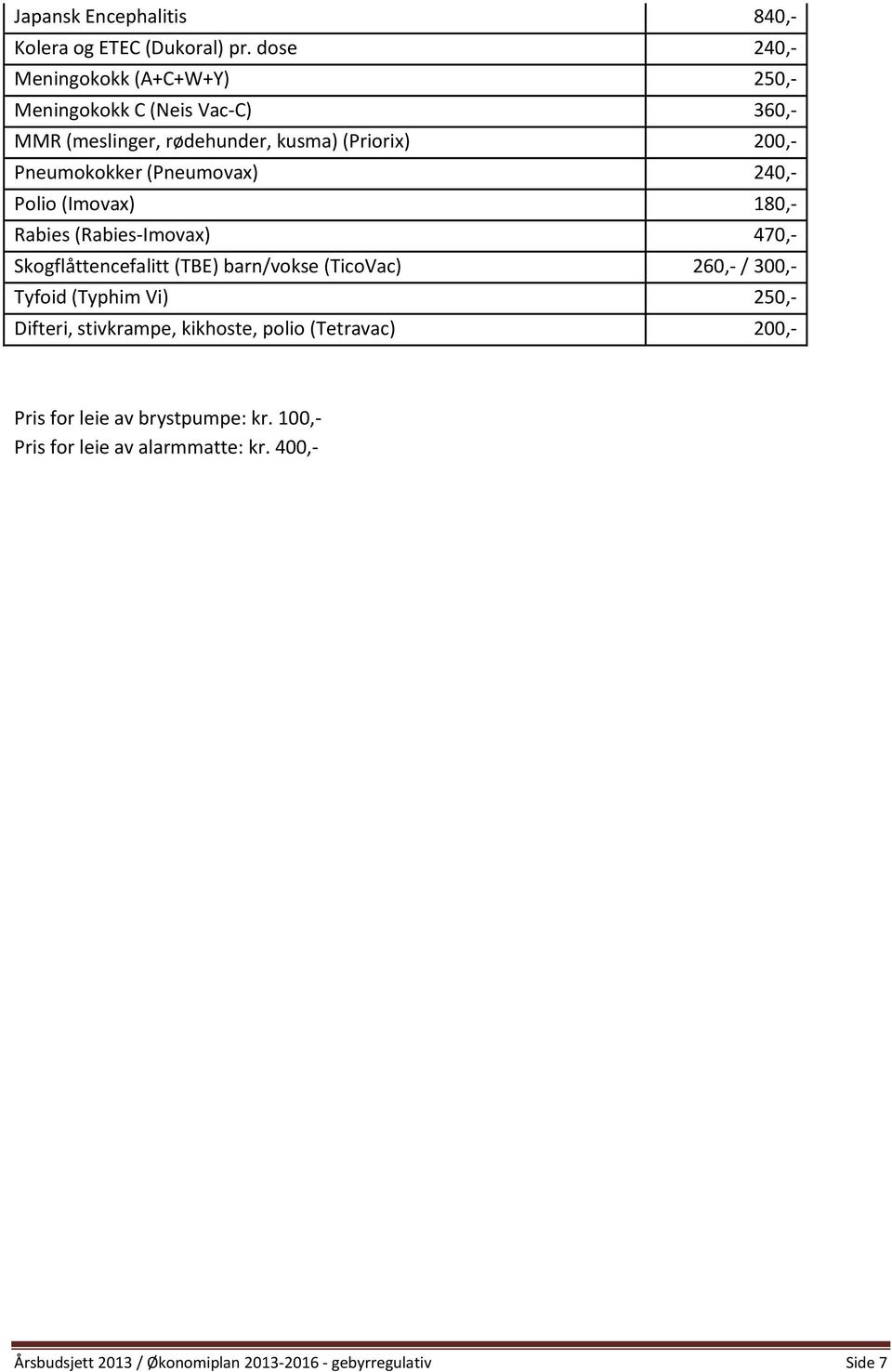 (Pneumovax) 240,- Polio (Imovax) 180,- Rabies (Rabies-Imovax) 470,- Skogflåttencefalitt (TBE) barn/vokse (TicoVac) 260,- / 300,- Tyfoid