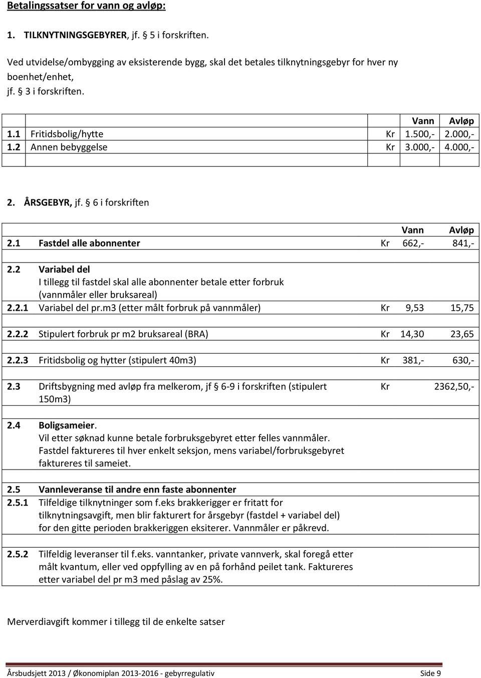 2 Variabel del I tillegg til fastdel skal alle abonnenter betale etter forbruk (vannmåler eller bruksareal) 2.2.1 Variabel del pr.m3 (etter målt forbruk på vannmåler) Kr 9,53 15,75 2.2.2 Stipulert forbruk pr m2 bruksareal (BRA) Kr 14,30 23,65 2.