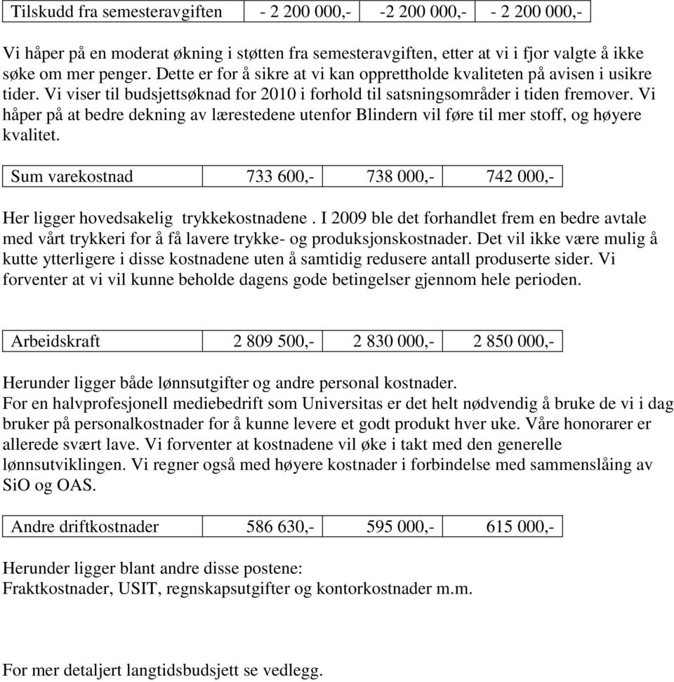 Vi håper på at bedre dekning av lærestedene utenfor Blindern vil føre til mer stoff, og høyere kvalitet. Sum varekostnad 733 600,- 738 000,- 742 000,- Her ligger hovedsakelig trykkekostnadene.
