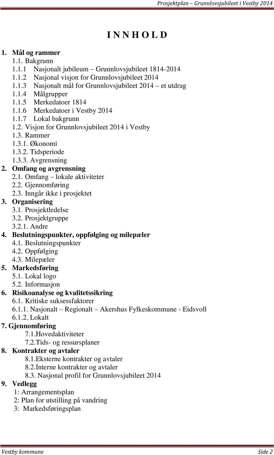 Omfang og avgrensning 2.1. Omfang lokale aktiviteter 2.2. Gjennomføring 2.3. Inngår ikke i prosjektet 3. Organisering 3.1. Prosjektledelse 3.2. Prosjektgruppe 3.2.1. Andre 4.