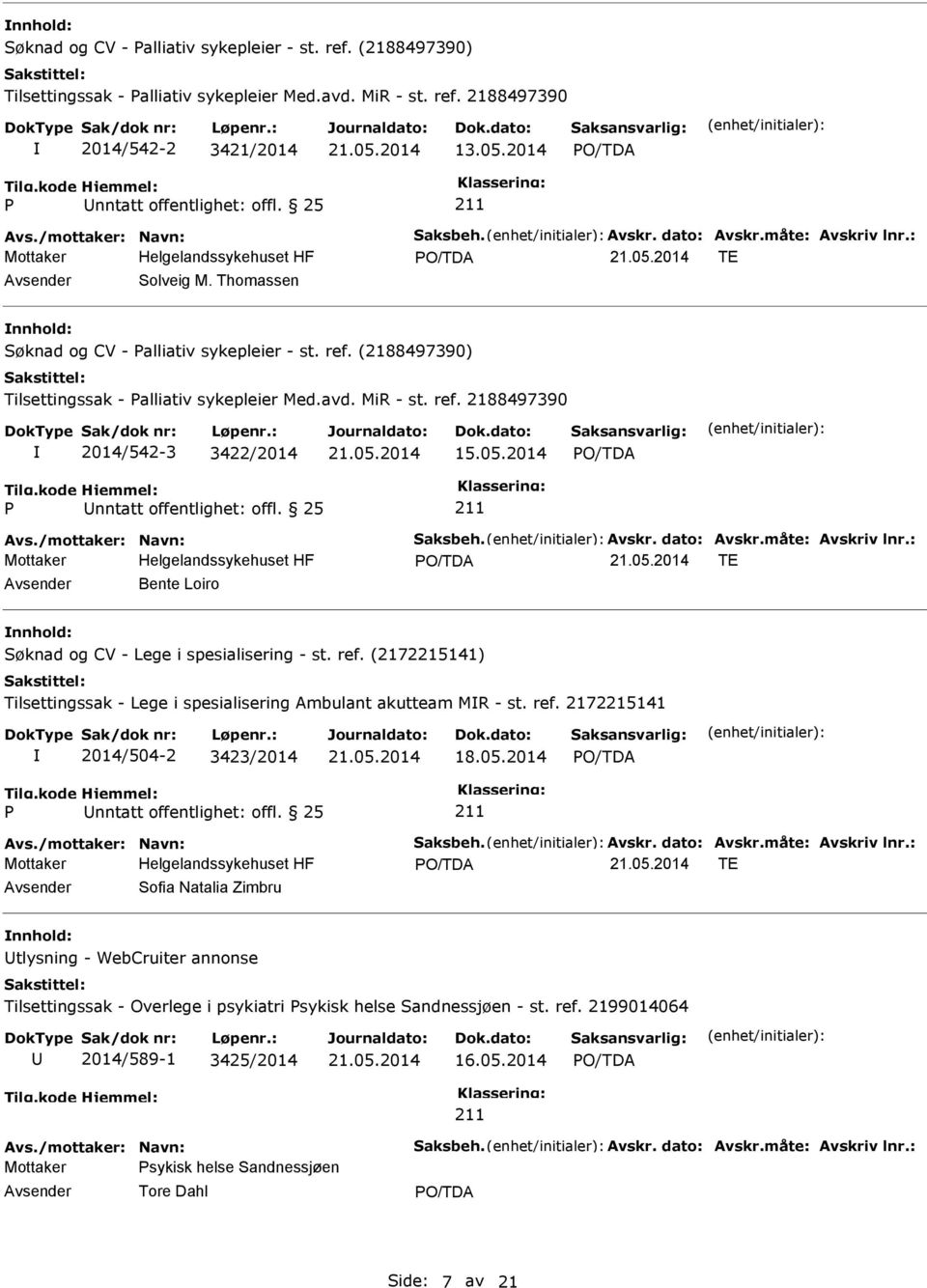 (2188497390) Tilsettingssak - alliativ sykepleier Med.avd. MiR - st. ref. 2188497390 2014/542-3 3422/2014 15.05.2014 nntatt offentlighet: offl. 25 Avs./mottaker: Navn: Saksbeh. Avskr. dato: Avskr.