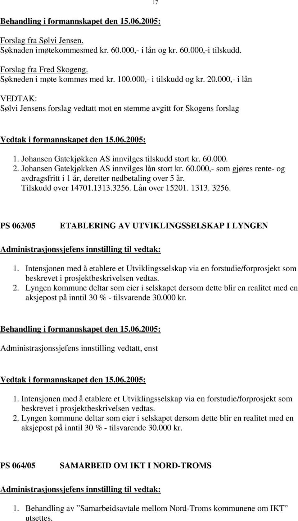 Johansen Gatekjøkken AS innvilges lån stort kr. 60.000,- som gjøres rente- og avdragsfritt i 1 år, deretter nedbetaling over 5 år. Tilskudd over 14701.1313.3256. Lån over 15201. 1313. 3256.