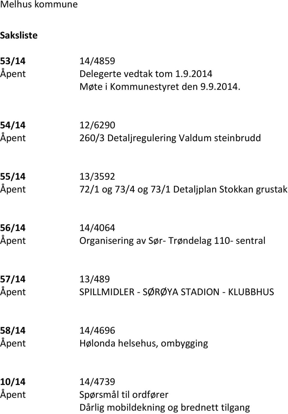 54/14 12/6290 Åpent 260/3 Detaljregulering Valdum steinbrudd 55/14 13/3592 Åpent 72/1 og 73/4 og 73/1 Detaljplan