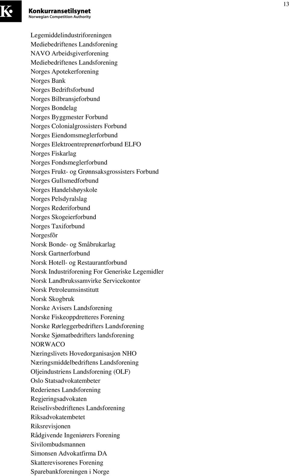 Fondsmeglerforbund Norges Frukt- og Grønnsaksgrossisters Forbund Norges Gullsmedforbund Norges Handelshøyskole Norges Pelsdyralslag Norges Rederiforbund Norges Skogeierforbund Norges Taxiforbund