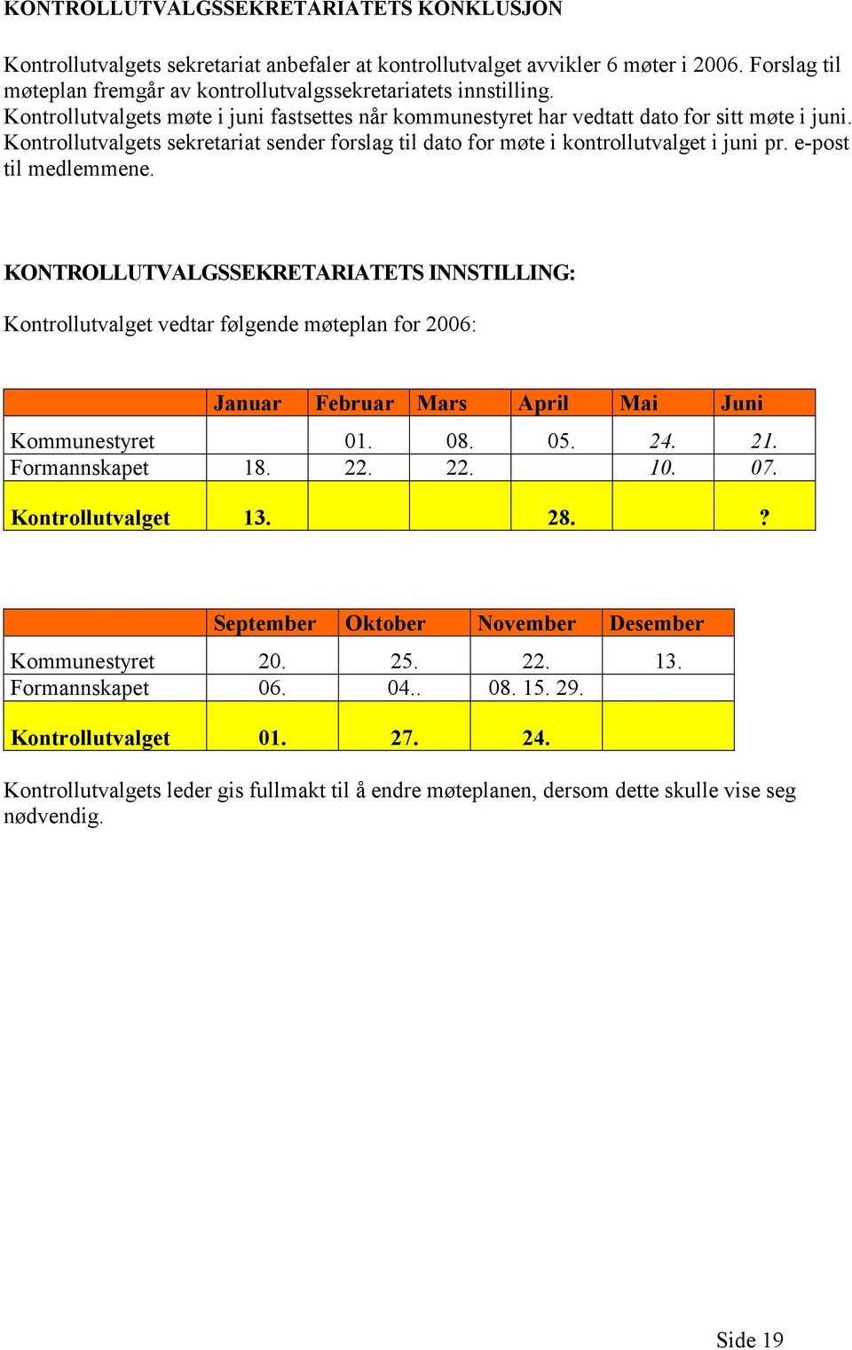 e-post til medlemmene. KONTROLLUTVALGSSEKRETARIATETS INNSTILLING: Kontrollutvalget vedtar følgende møteplan for 2006: Januar Februar Mars April Mai Juni Kommunestyret 01. 08. 05. 24. 21.