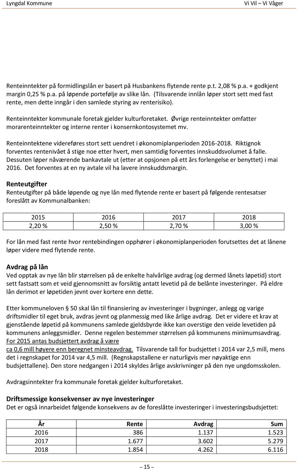 Øvrige renteinntekter omfatter morarenteinntekter og interne renter i konsernkontosystemet mv. Renteinntektene videreføres stort sett uendret i økonomiplanperioden 2016-2018.