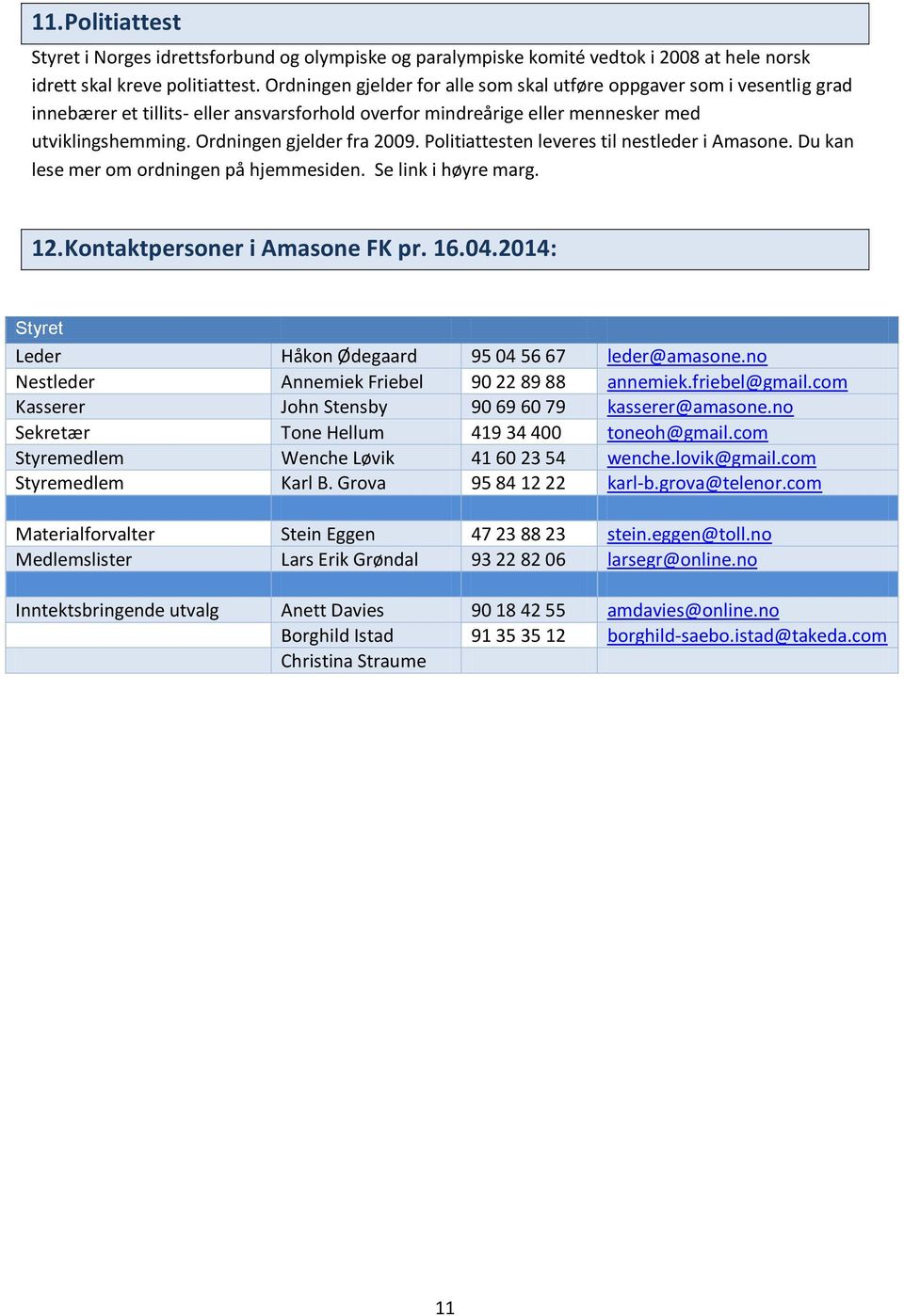 Ordningen gjelder fra 2009. Politiattesten leveres til nestleder i Amasone. Du kan lese mer om ordningen på hjemmesiden. Se link i høyre marg. 12.Kontaktpersoner i Amasone FK pr. 16.04.