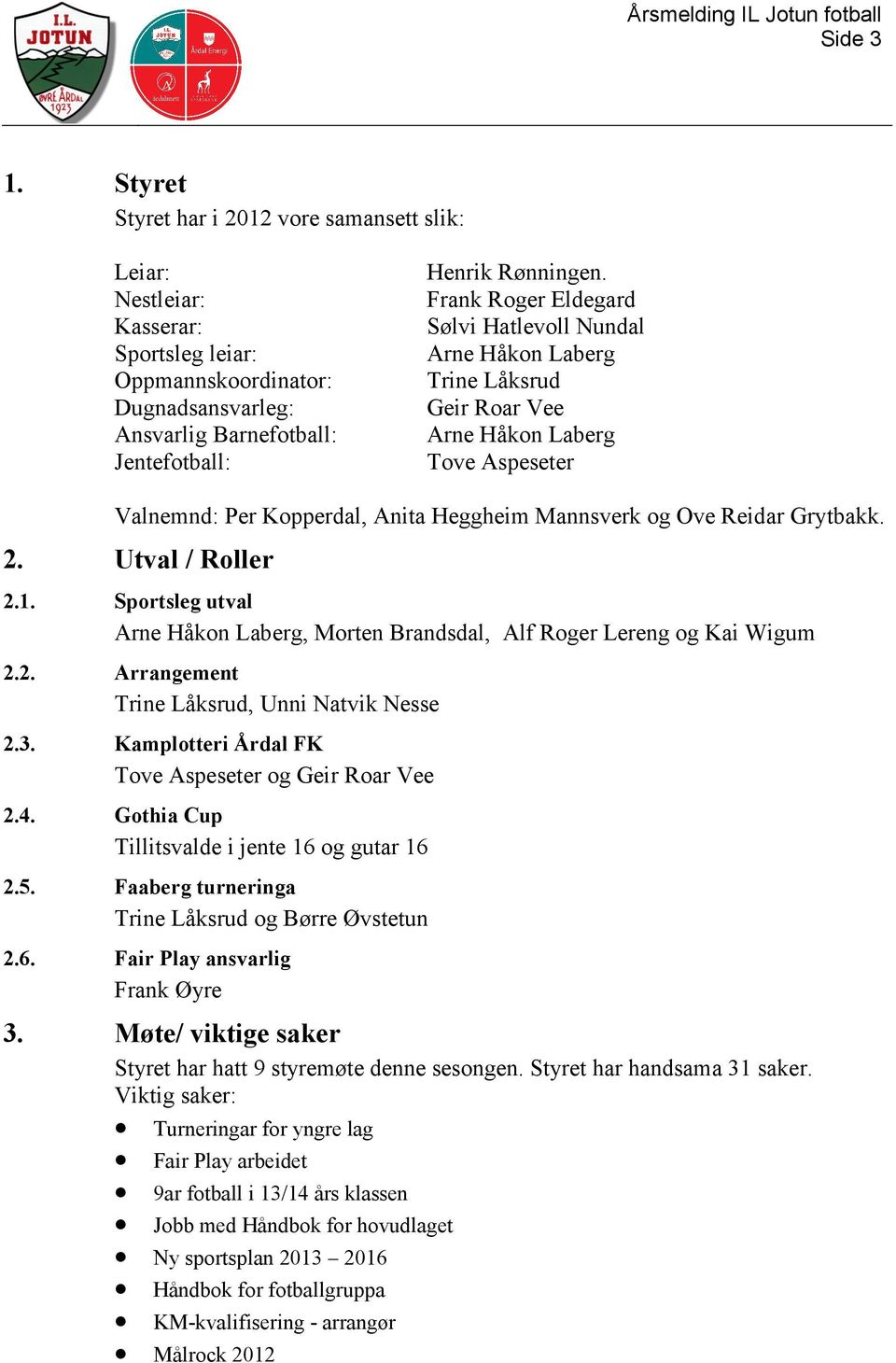 Utval / Roller 2.1. Sportsleg utval Arne Håkon Laberg, Morten Brandsdal, Alf Roger Lereng og Kai Wigum 2.2. Arrangement Trine Låksrud, Unni Natvik Nesse 2.3.