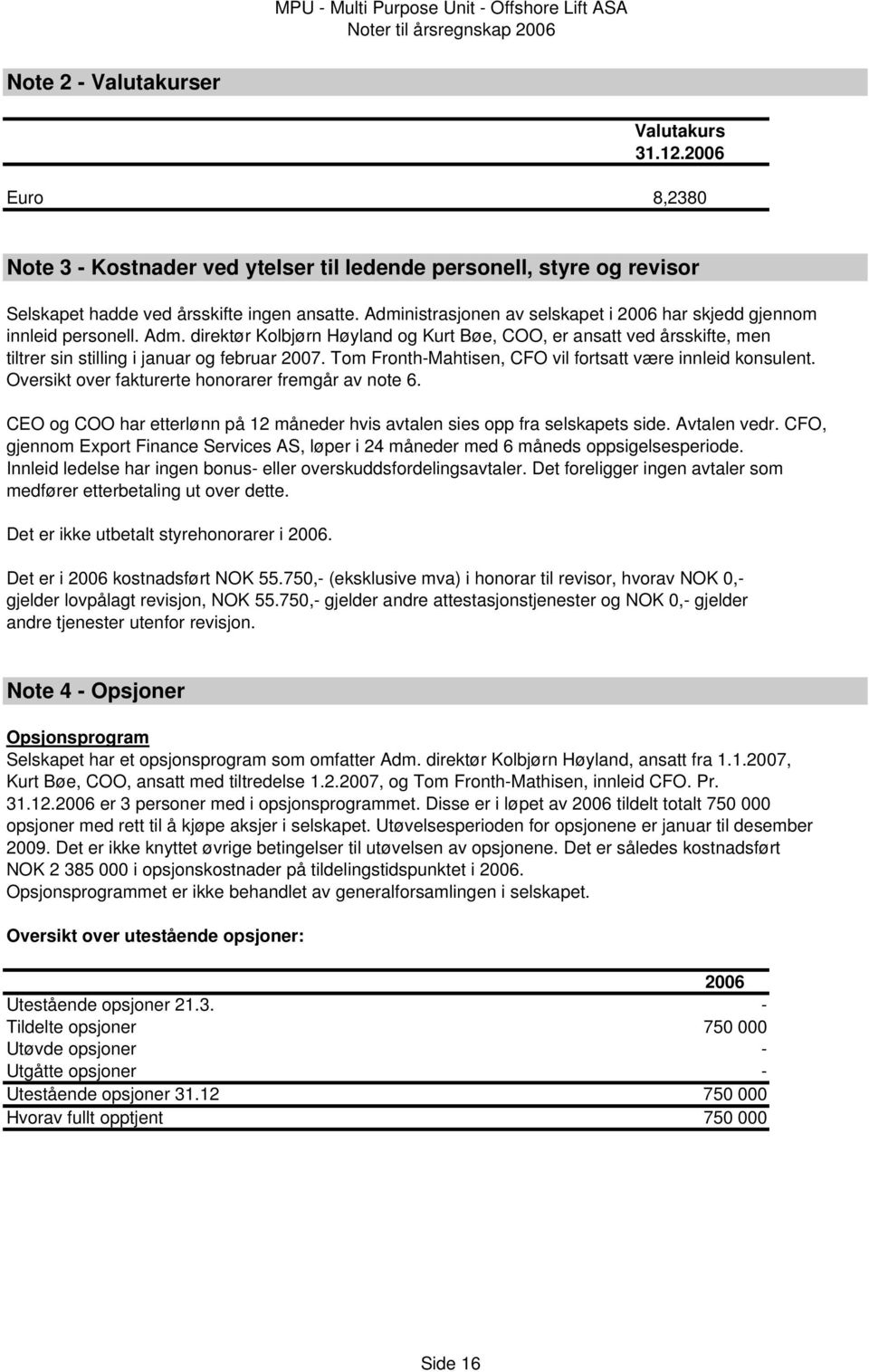 Adm. direktør Kolbjørn Høyland og Kurt Bøe, COO, er ansatt ved årsskifte, men tiltrer sin stilling i januar og februar 2007. Tom Fronth-Mahtisen, CFO vil fortsatt være innleid konsulent.