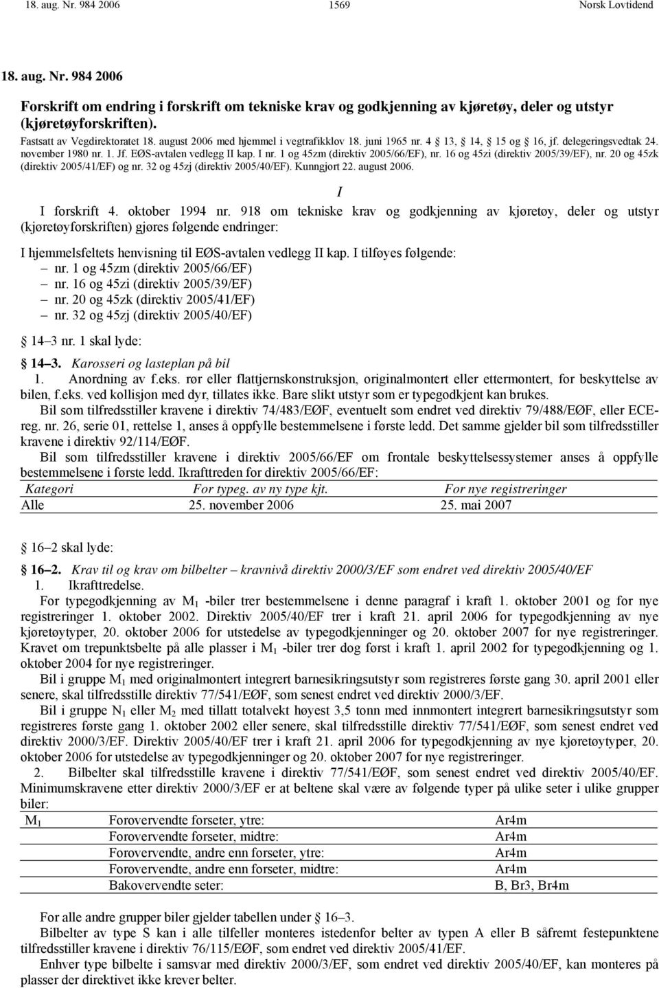 16 og 45zi (direktiv 2005/39/EF), nr. 20 og 45zk (direktiv 2005/41/EF) og nr. 32 og 45zj (direktiv 2005/40/EF). Kunngjort 22. august 2006. forskrift 4. oktober 1994 nr.